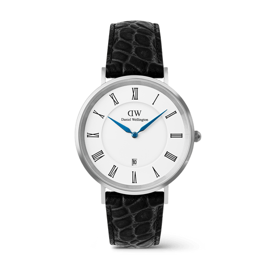 Daniel Wellington Classic Roman Numerals Date Black Croc Belly Silver
